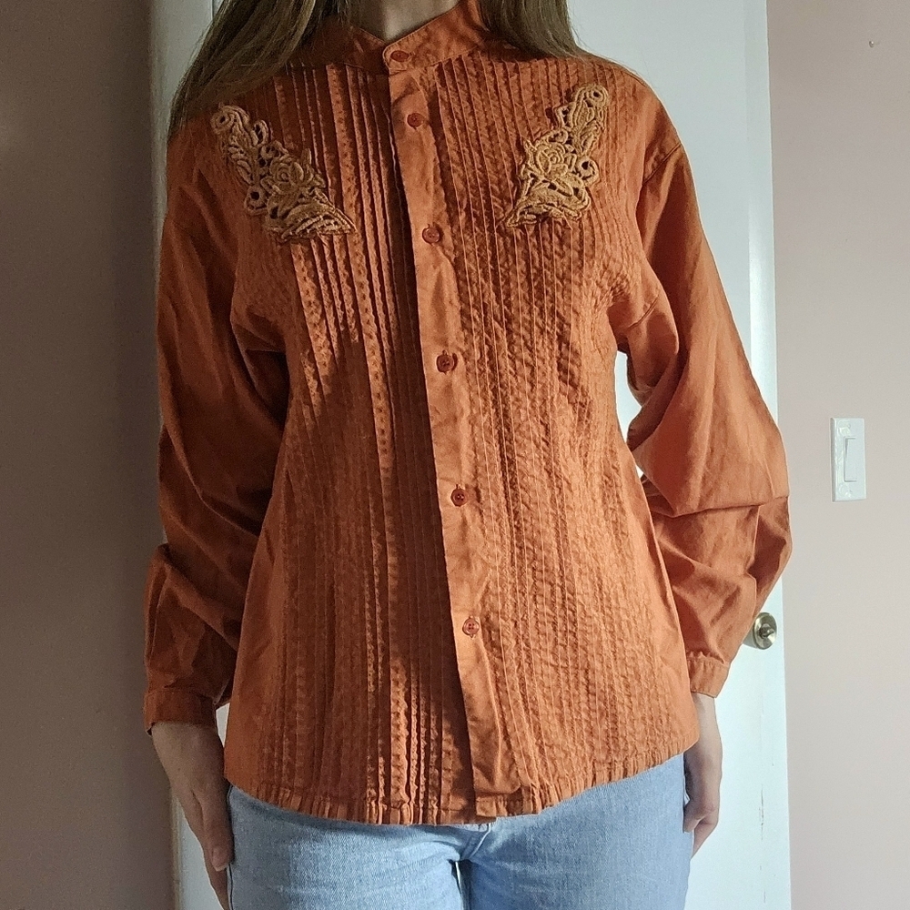 QPS vintage western cowgirl high neck bishop sleeves eyelet embroidery shirt